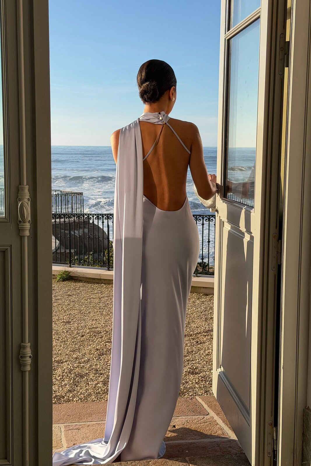 LONG LIGHT LAVENDER DRESS WITH CAPE