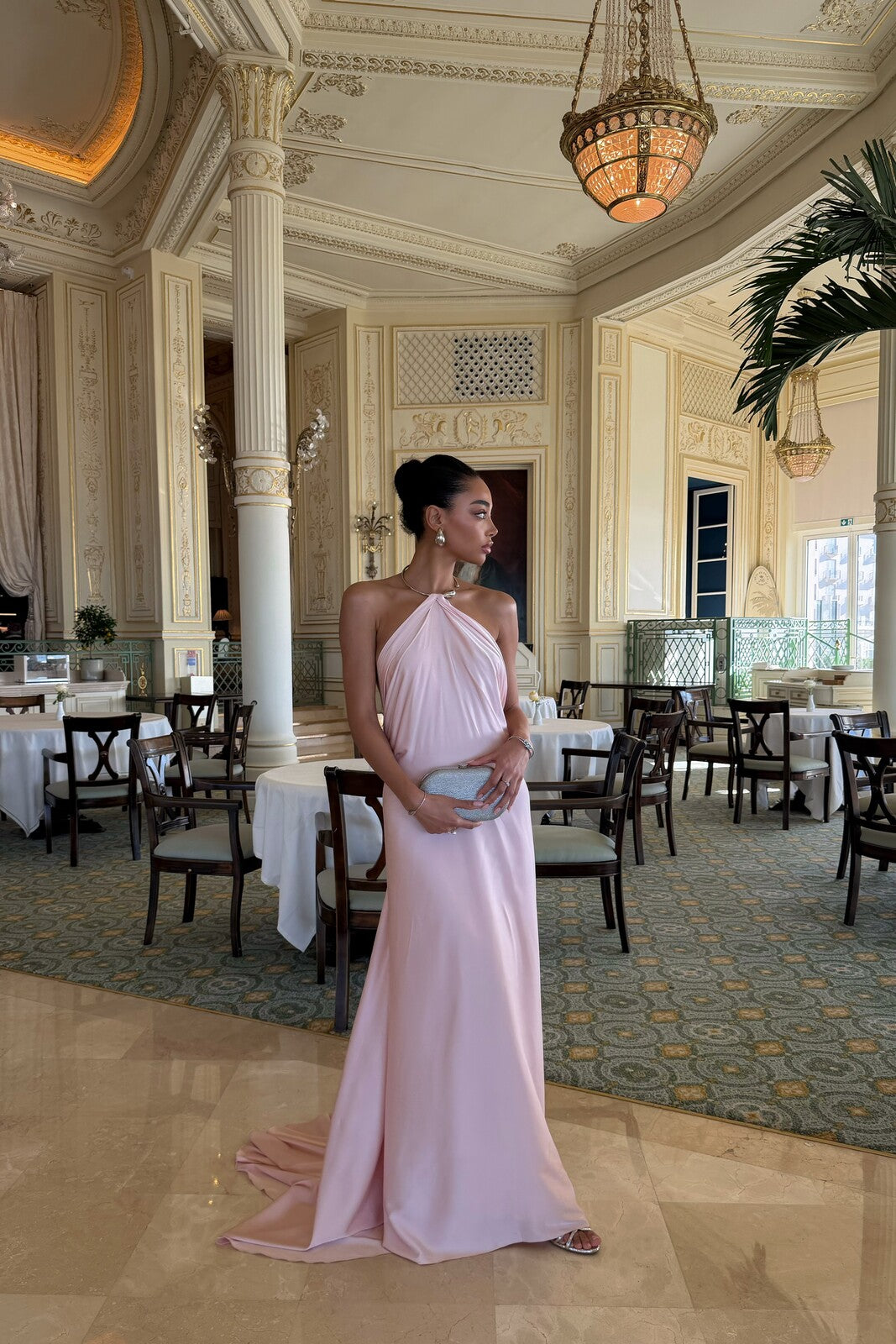 LONG LIGHT PINK DRESS WITH NECK DETAIL AND OPEN BACK