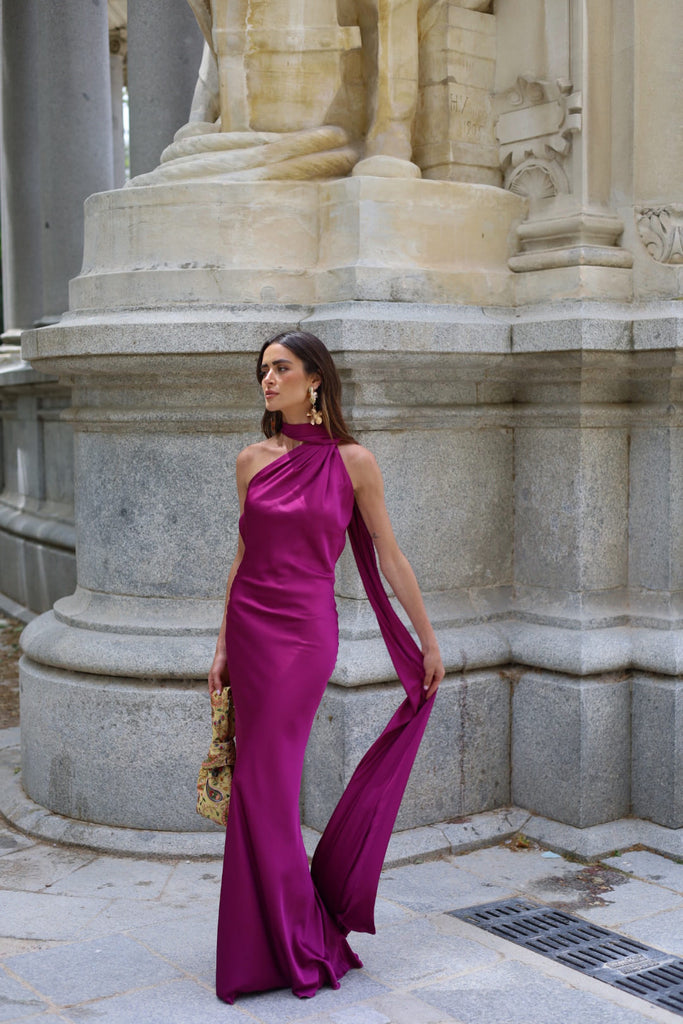 EGGPLANT LONG DRESS WITH CAPE - KAO EGGPLANT LONG DRESS WITH CAPE - KAO