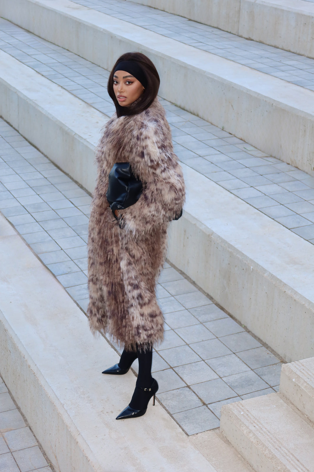 LONG FAUX FUR ANIMAL PRINT COAT