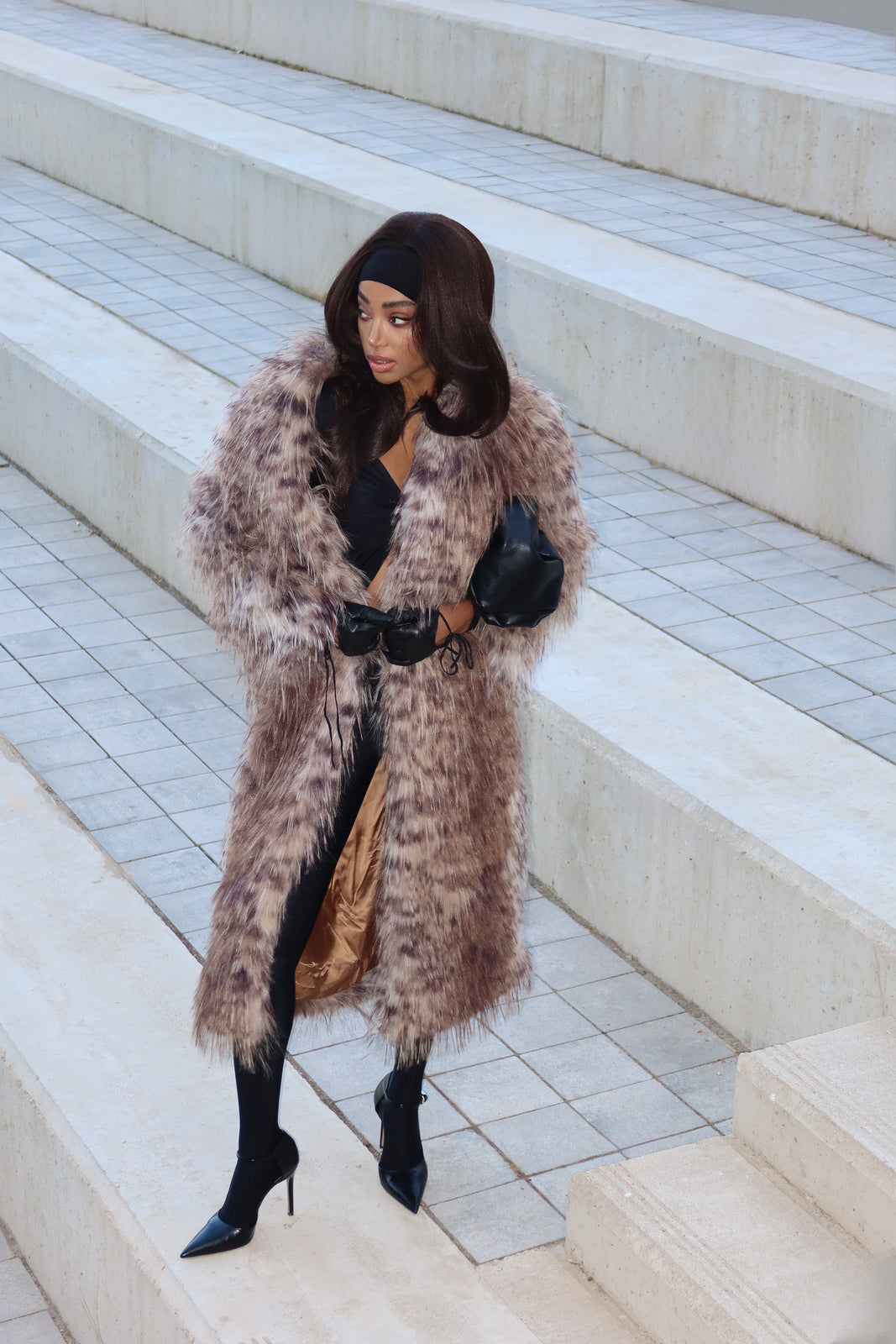 LONG FAUX FUR ANIMAL PRINT COAT