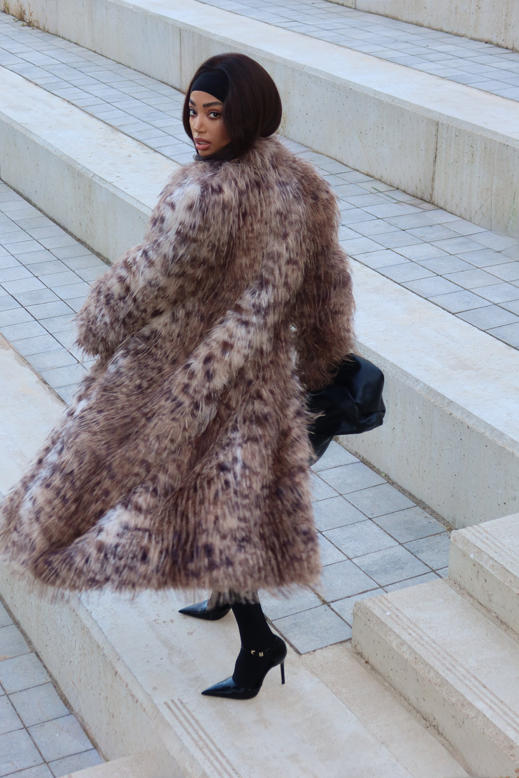 LONG FAUX FUR ANIMAL PRINT COAT