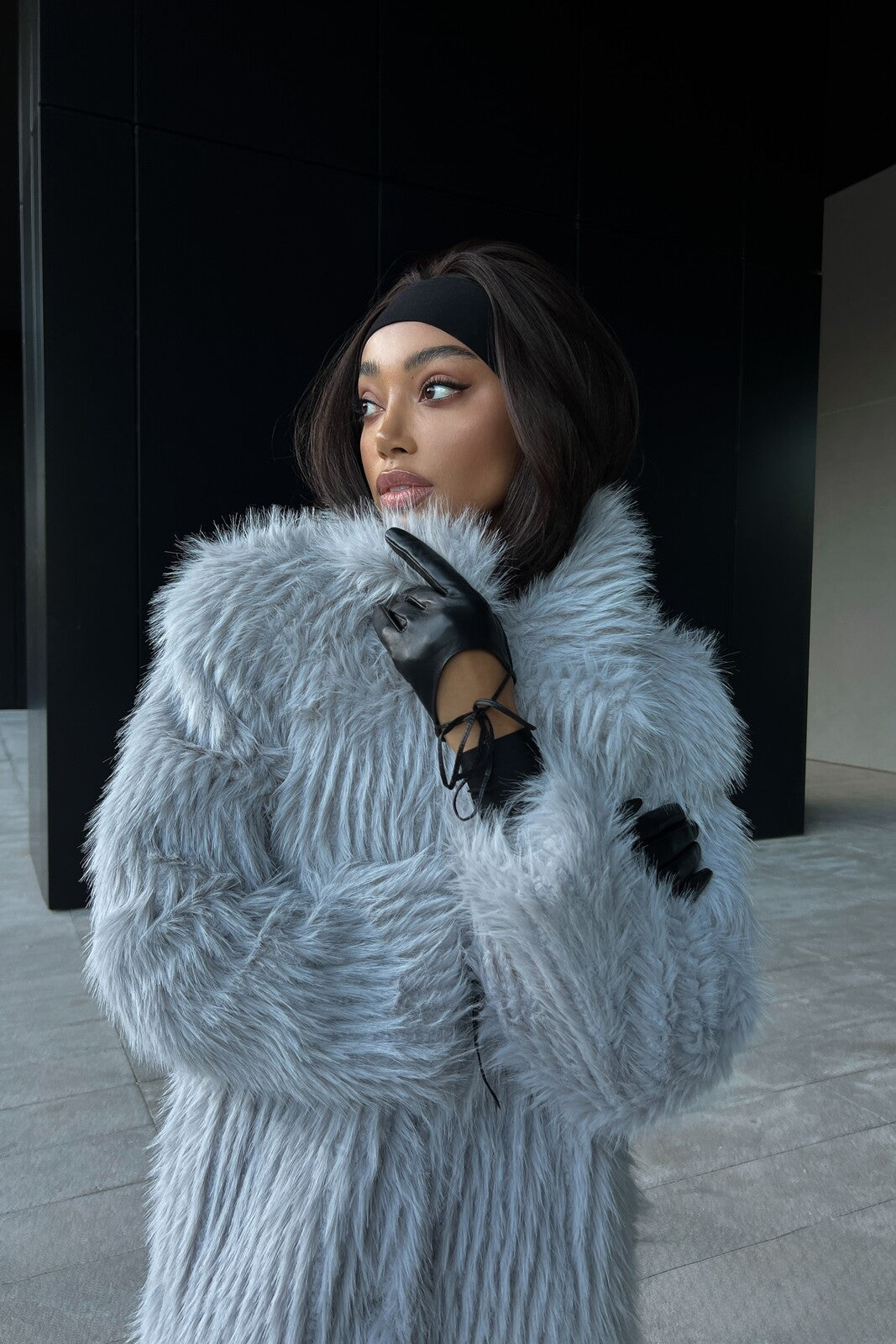 LIGHT GREY LONG FAUX FUR COAT