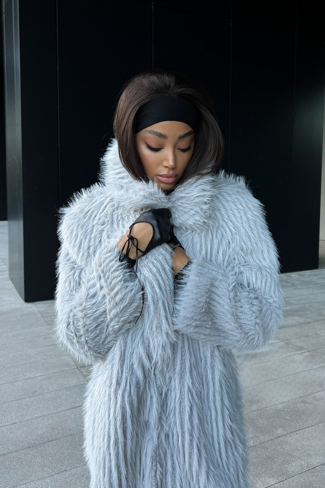 LIGHT GREY LONG FAUX FUR COAT