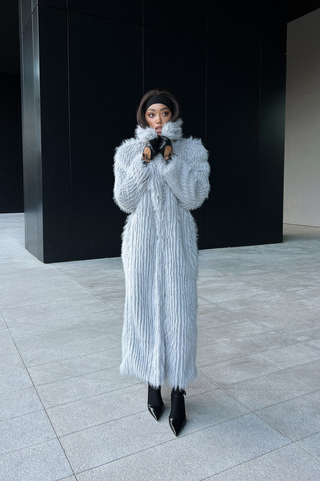 LIGHT GREY LONG FAUX FUR COAT