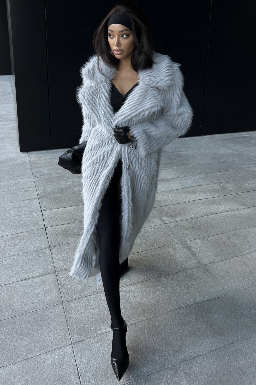 LIGHT GREY LONG FAUX FUR COAT
