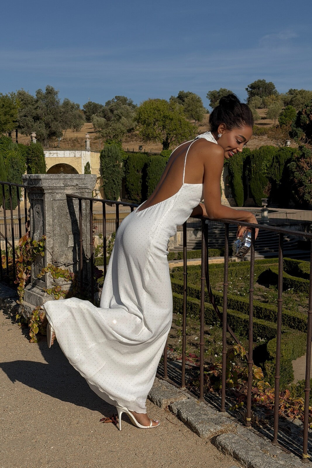 WHITE LONG DRESS WITH SILVER TRANSFERS OPEN BACK