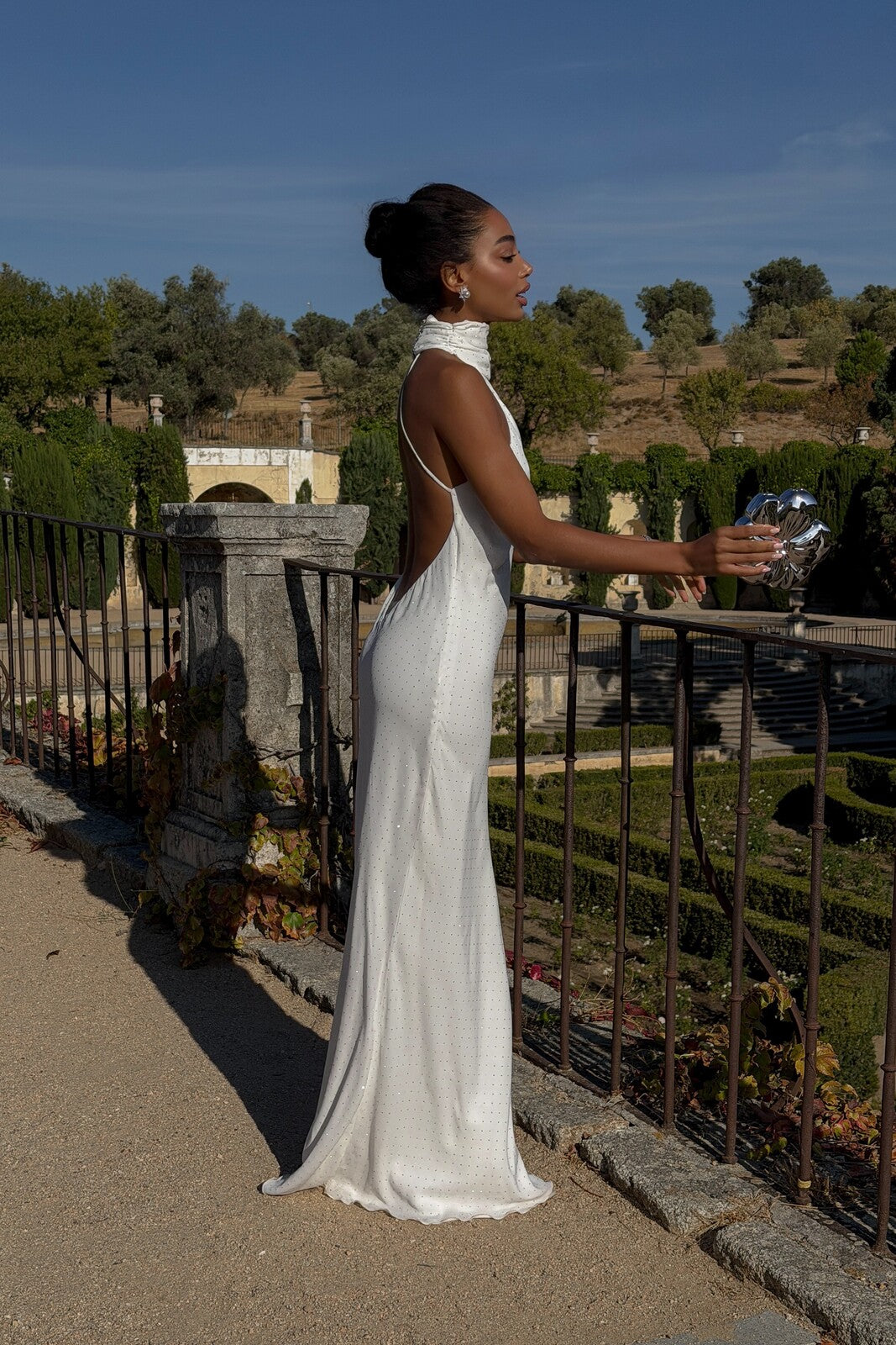 WHITE LONG DRESS WITH SILVER TRANSFERS OPEN BACK