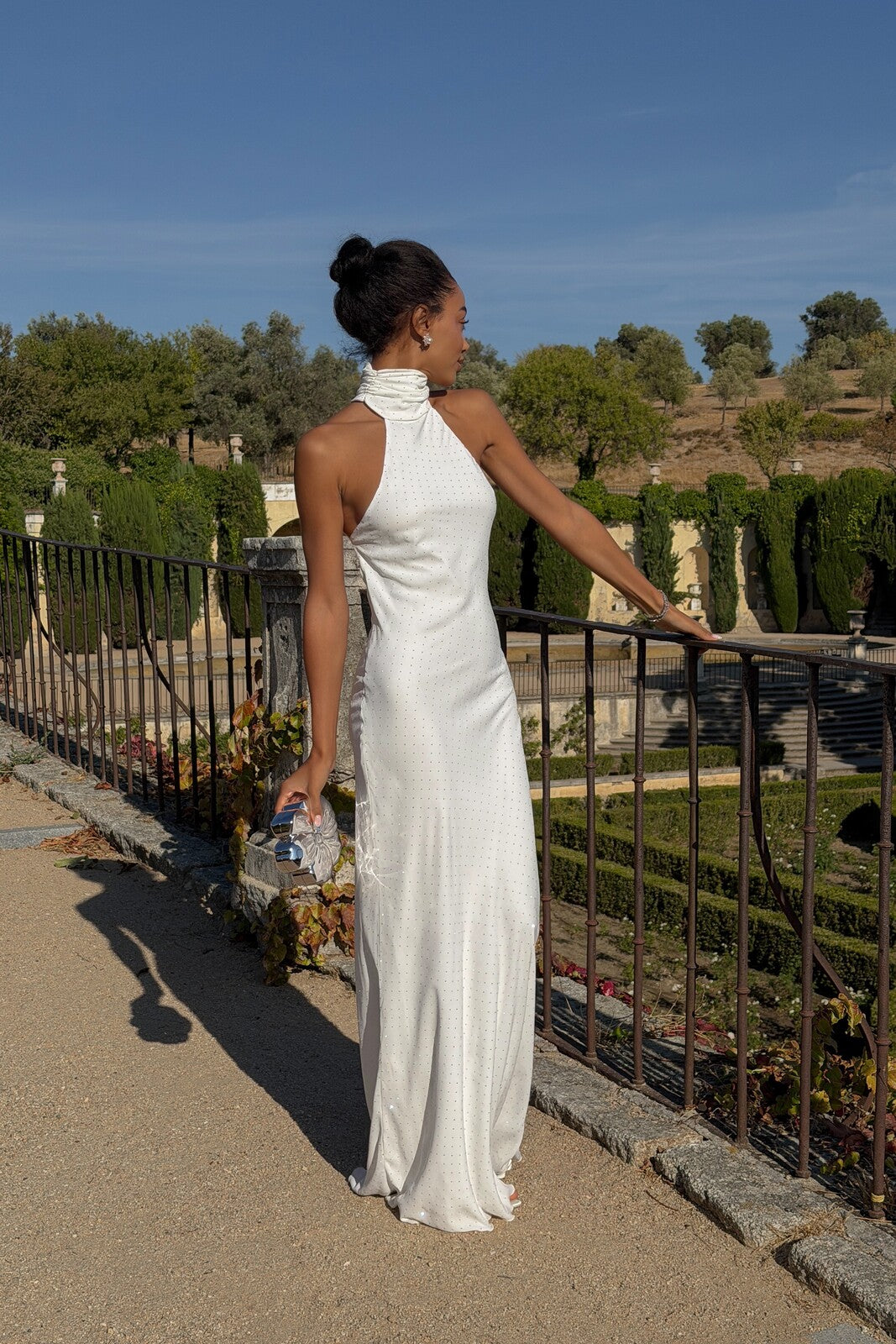 WHITE LONG DRESS WITH SILVER TRANSFERS OPEN BACK