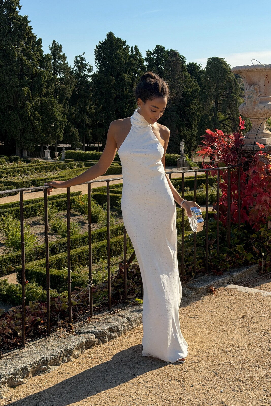 WHITE LONG DRESS WITH SILVER TRANSFERS OPEN BACK