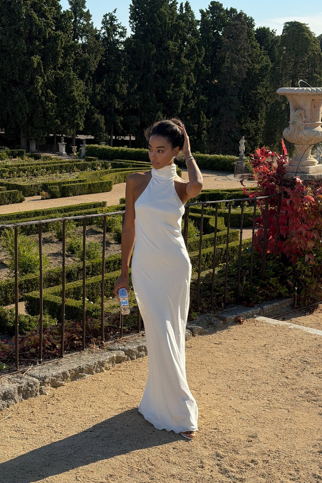 WHITE LONG DRESS WITH SILVER TRANSFERS OPEN BACK