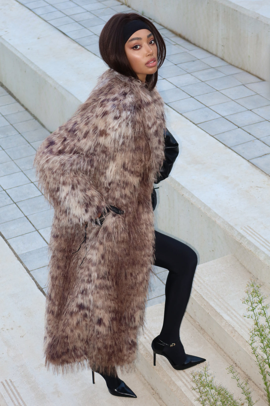 LONG FAUX FUR ANIMAL PRINT COAT