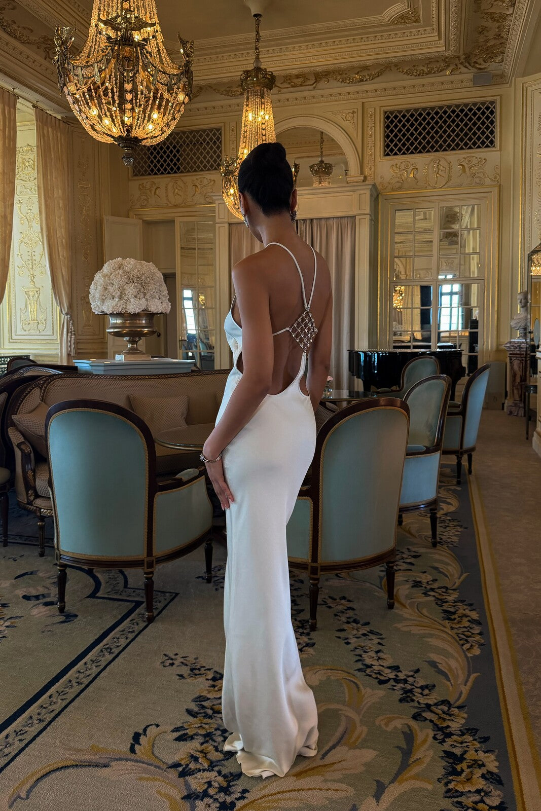 LONG CHAMPAGNE DRESS WITH BACK EMBELLISHMENT