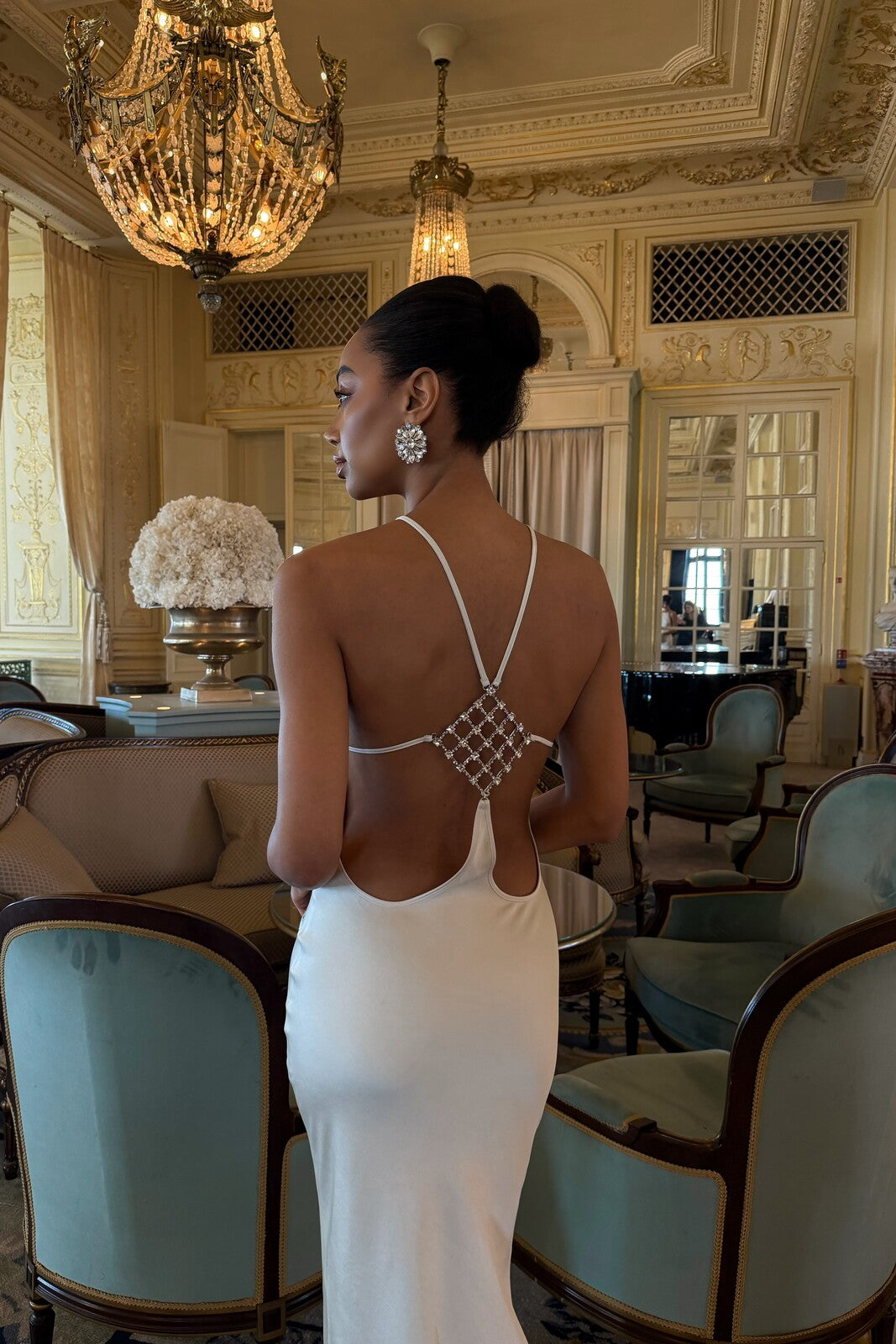 LONG CHAMPAGNE DRESS WITH BACK EMBELLISHMENT