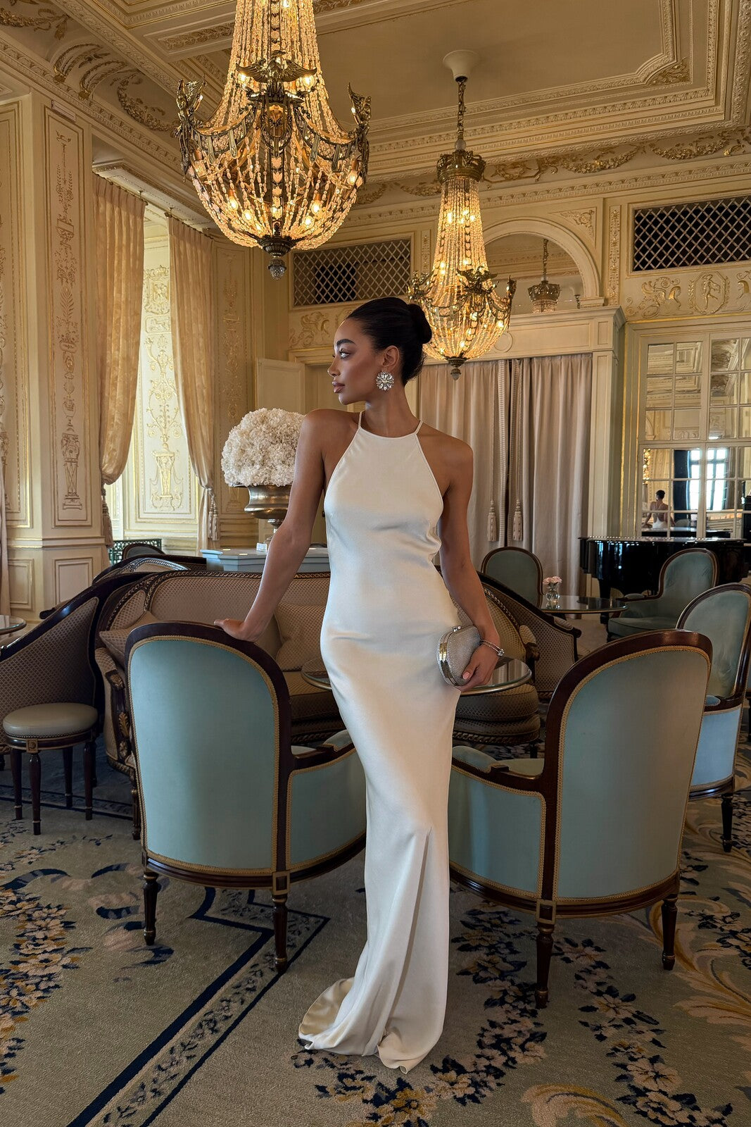 LONG CHAMPAGNE DRESS WITH BACK EMBELLISHMENT