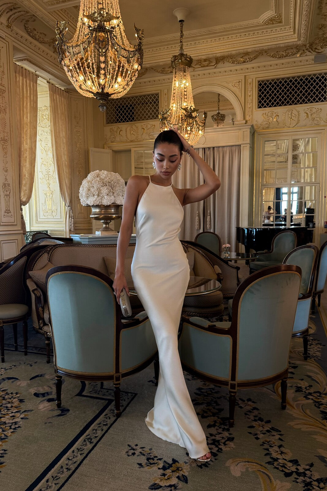 LONG CHAMPAGNE DRESS WITH BACK EMBELLISHMENT