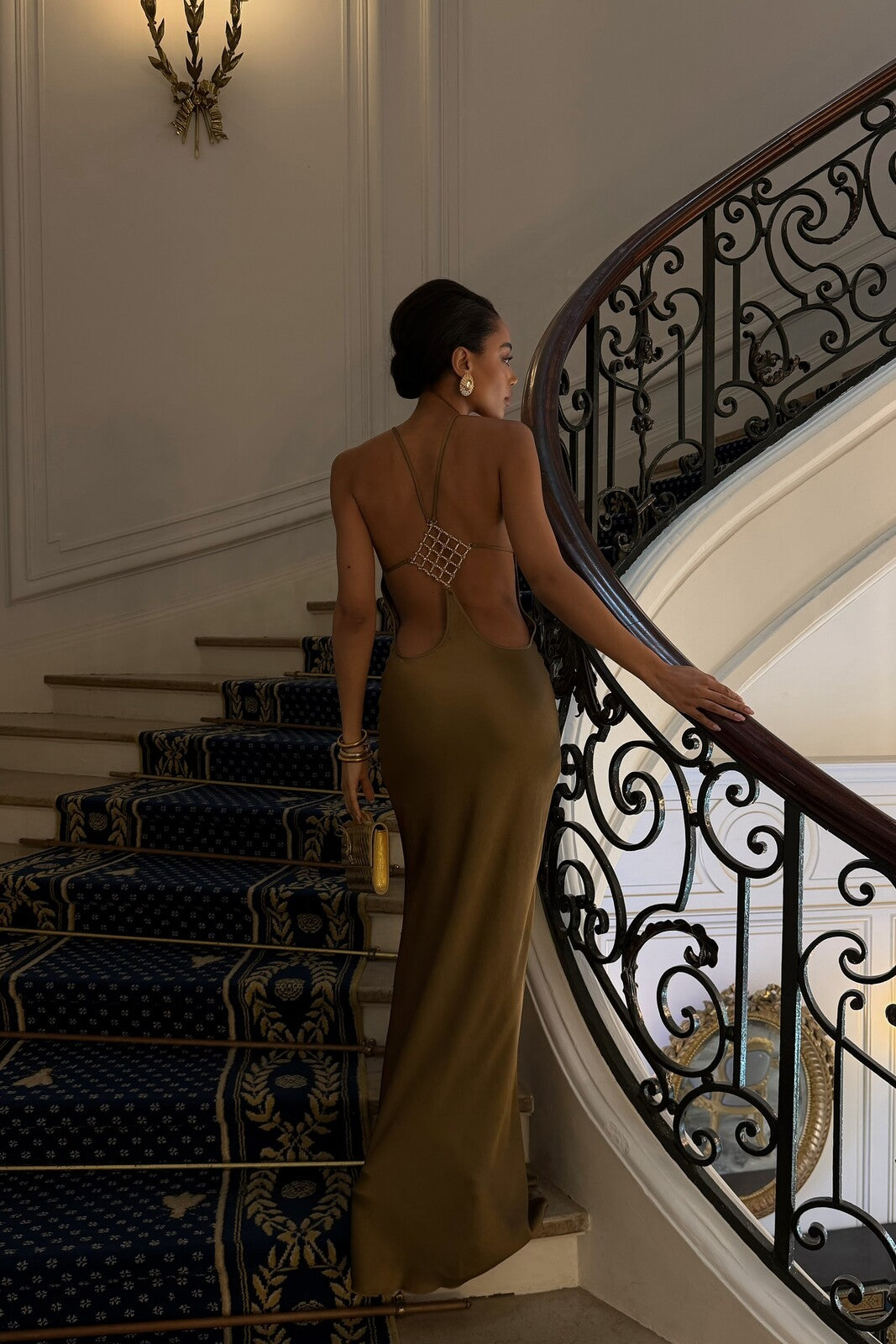 LONG BRONZE DRESS WITH BACK EMBELLISHMENT LONG BRONZE DRESS WITH BACK EMBELLISHMENT