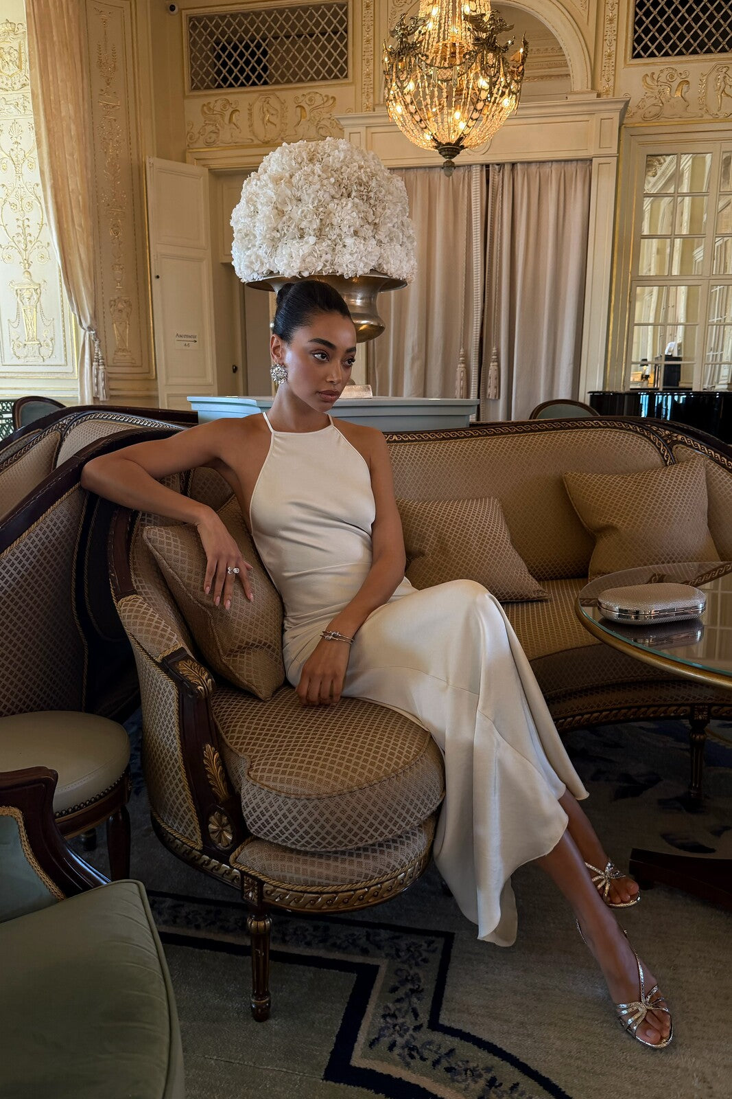 LONG CHAMPAGNE DRESS WITH BACK EMBELLISHMENT