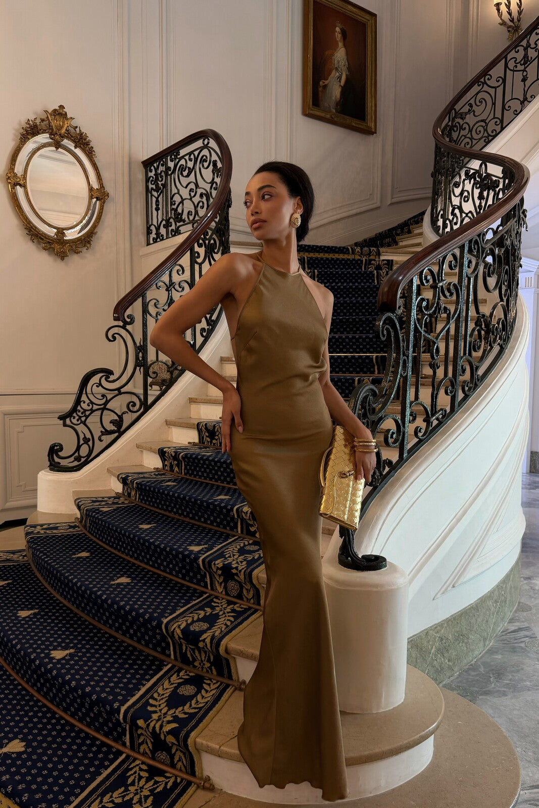 LONG BRONZE DRESS WITH BACK EMBELLISHMENT