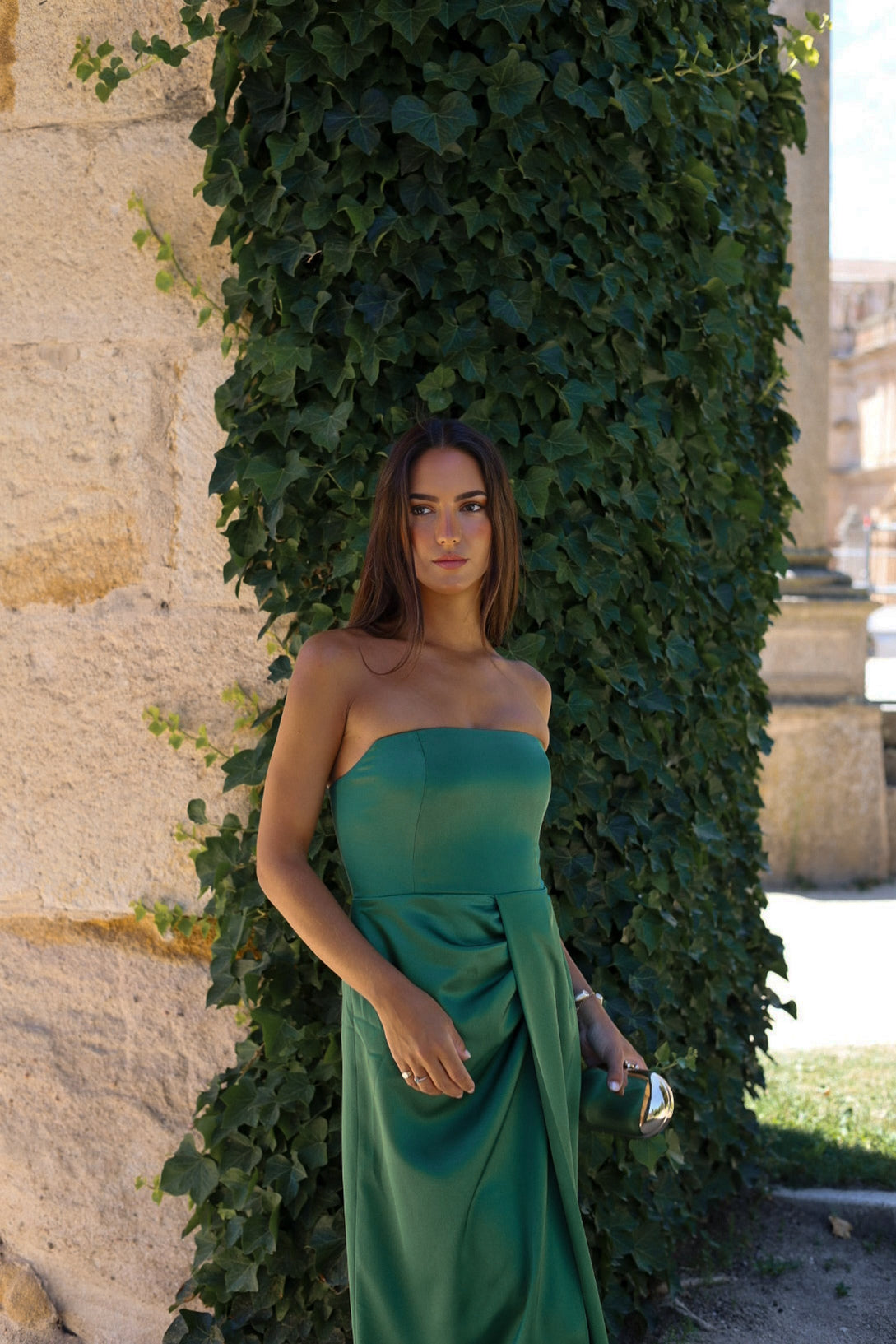GREEN DRESS WITH STRAIGHT NECKLINE - KAO GREEN DRESS WITH STRAIGHT NECKLINE - KAO