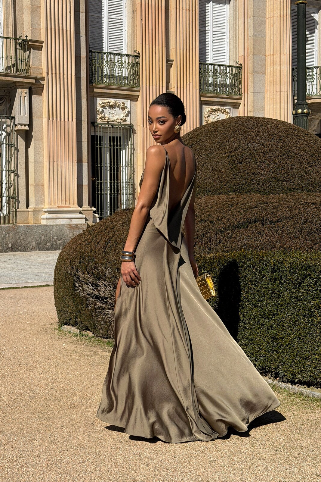 KHAKI DRESS WITH DEEP BACK NECKLINE - KAO KHAKI DRESS WITH DEEP BACK NECKLINE - KAO