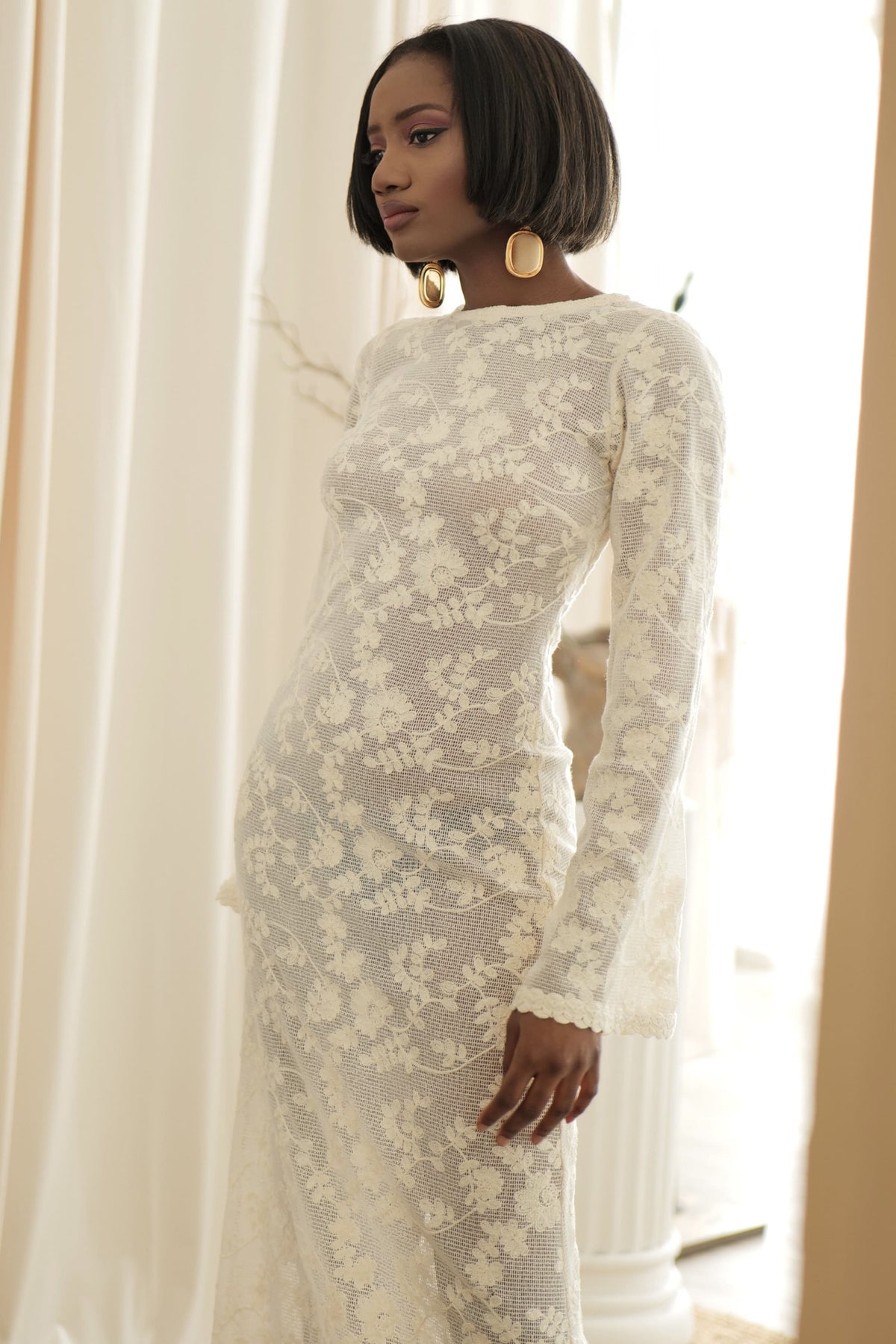 BEIGE LONG DRESS WITH FLORAL EMBROIDERY