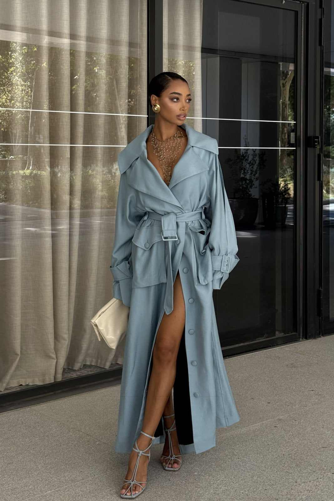 TRENCH LUNGO AZZURRO