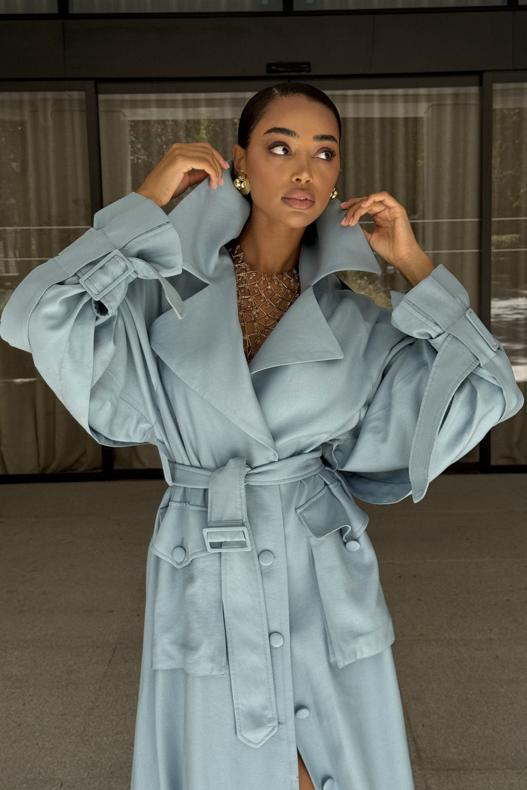 TRENCH LUNGO AZZURRO