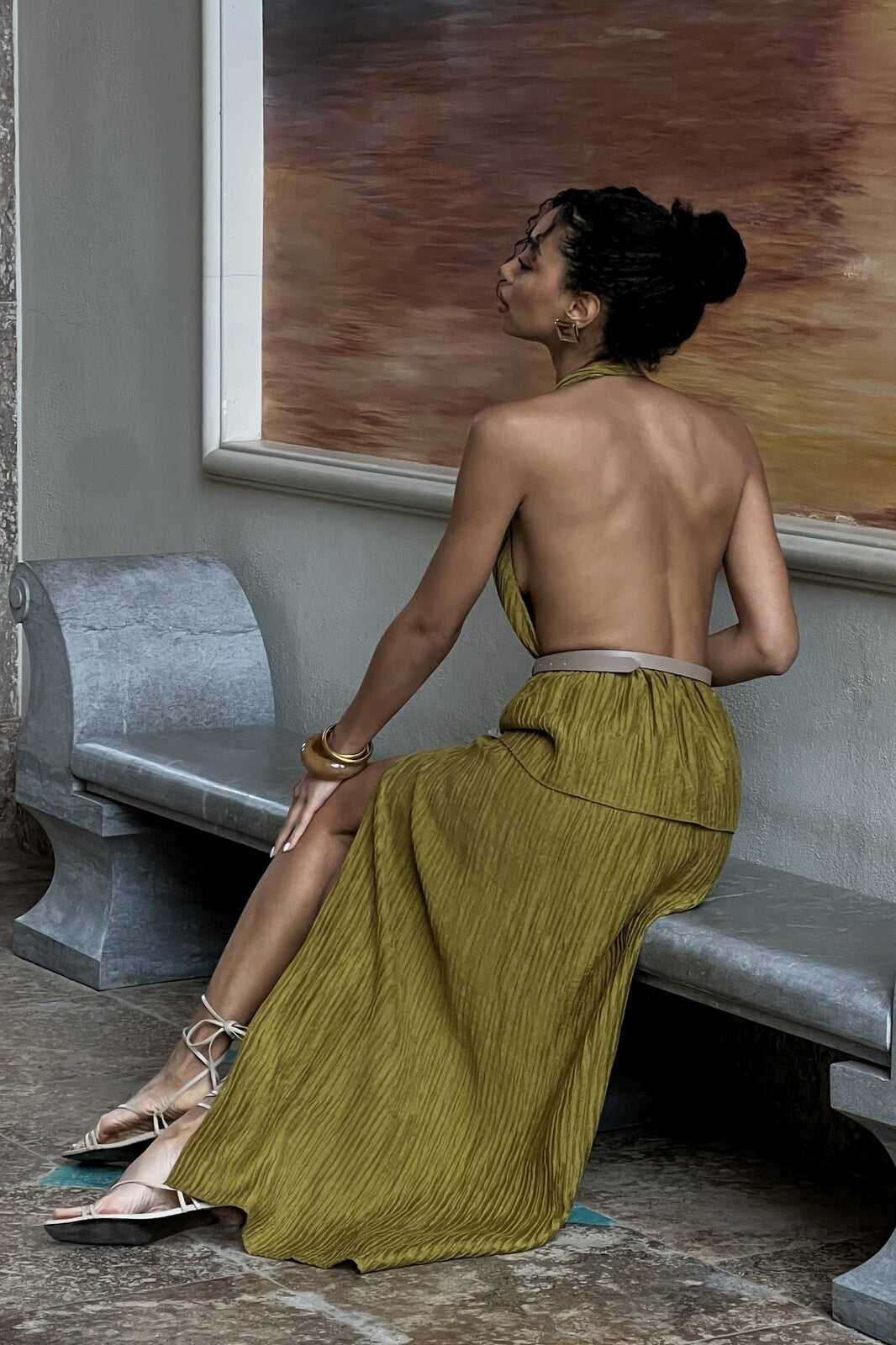 OLIVE GREEN DRESS WITH TEXTURE - KAO OLIVE GREEN DRESS WITH TEXTURE - KAO