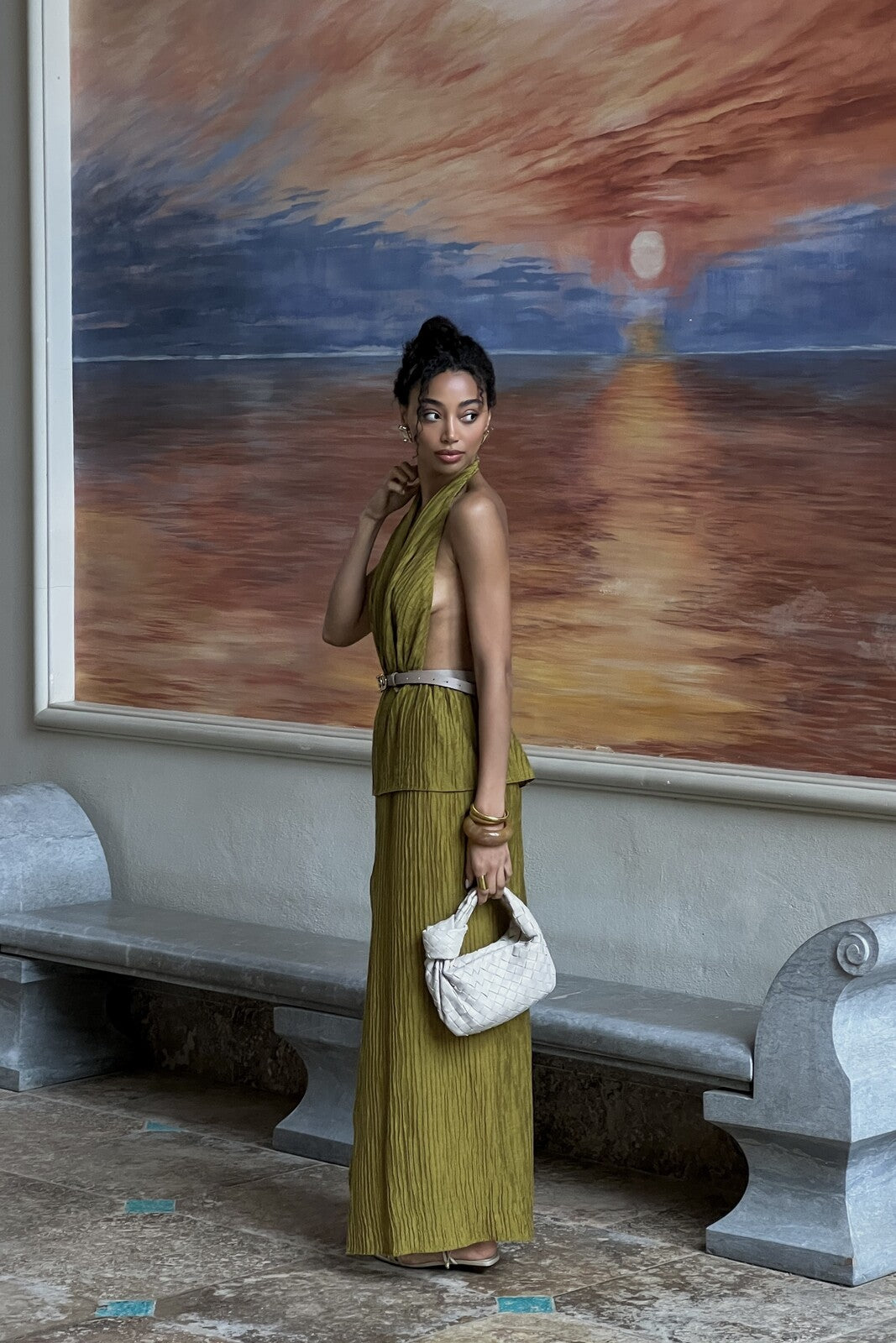 OLIVE GREEN DRESS WITH TEXTURE - KAO OLIVE GREEN DRESS WITH TEXTURE - KAO