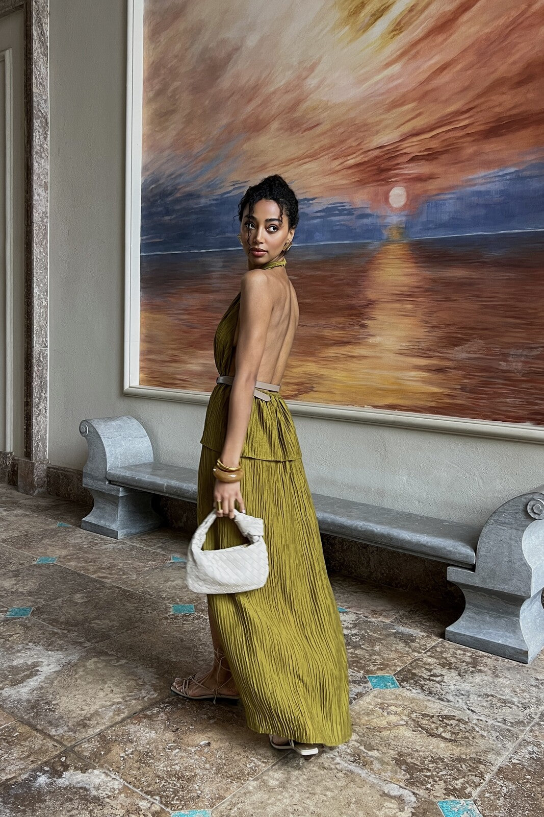 OLIVE GREEN DRESS WITH TEXTURE - KAO OLIVE GREEN DRESS WITH TEXTURE - KAO
