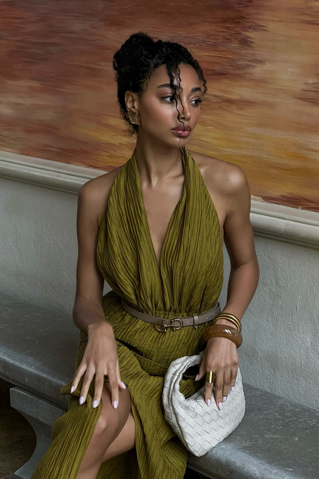 OLIVE GREEN DRESS WITH TEXTURE - KAO OLIVE GREEN DRESS WITH TEXTURE - KAO