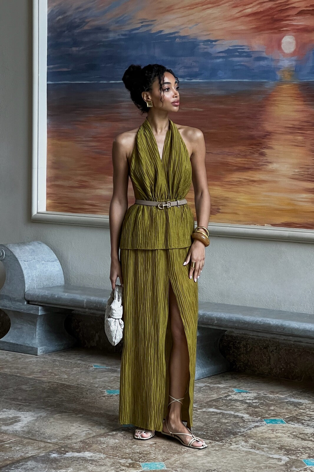 OLIVE GREEN DRESS WITH TEXTURE - KAO OLIVE GREEN DRESS WITH TEXTURE - KAO
