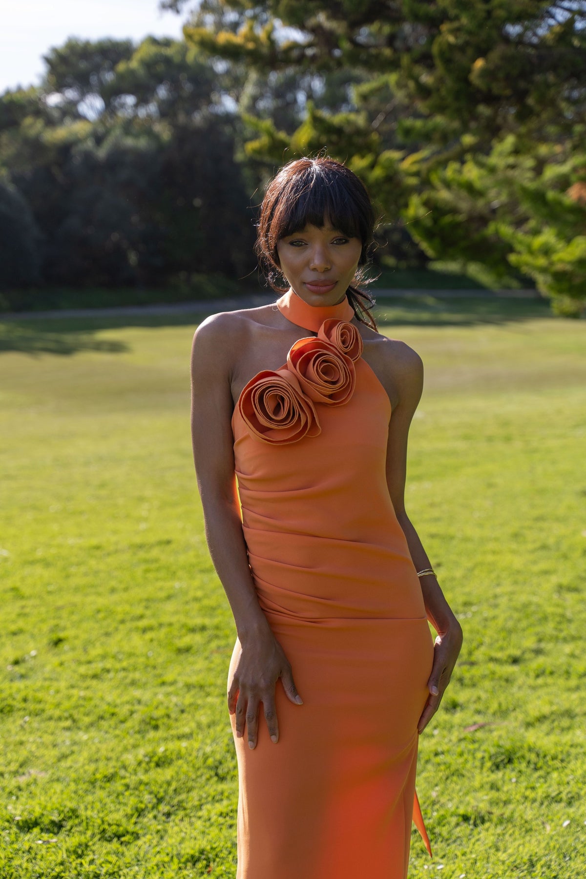 LONG ORANGE DRESS WITH FLOWER