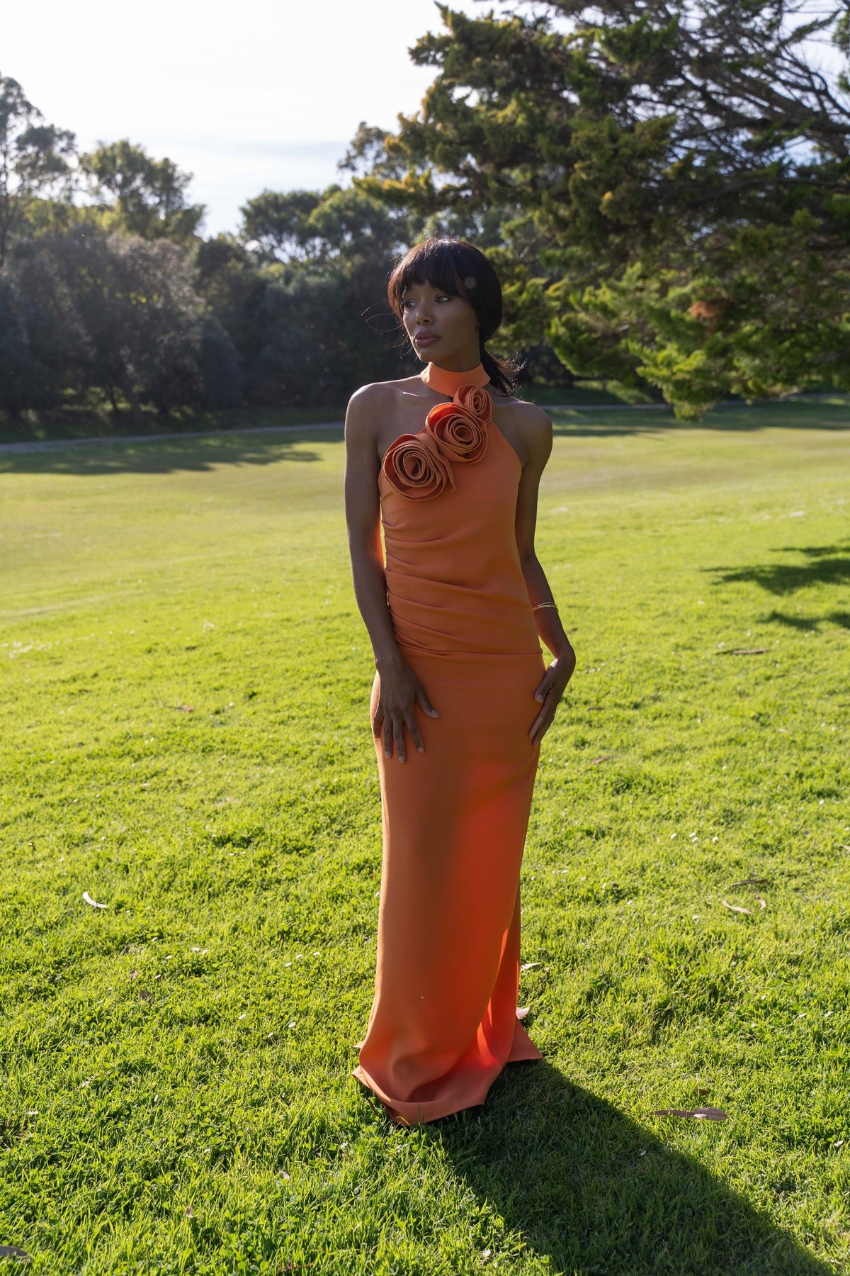 LONG ORANGE DRESS WITH FLOWER