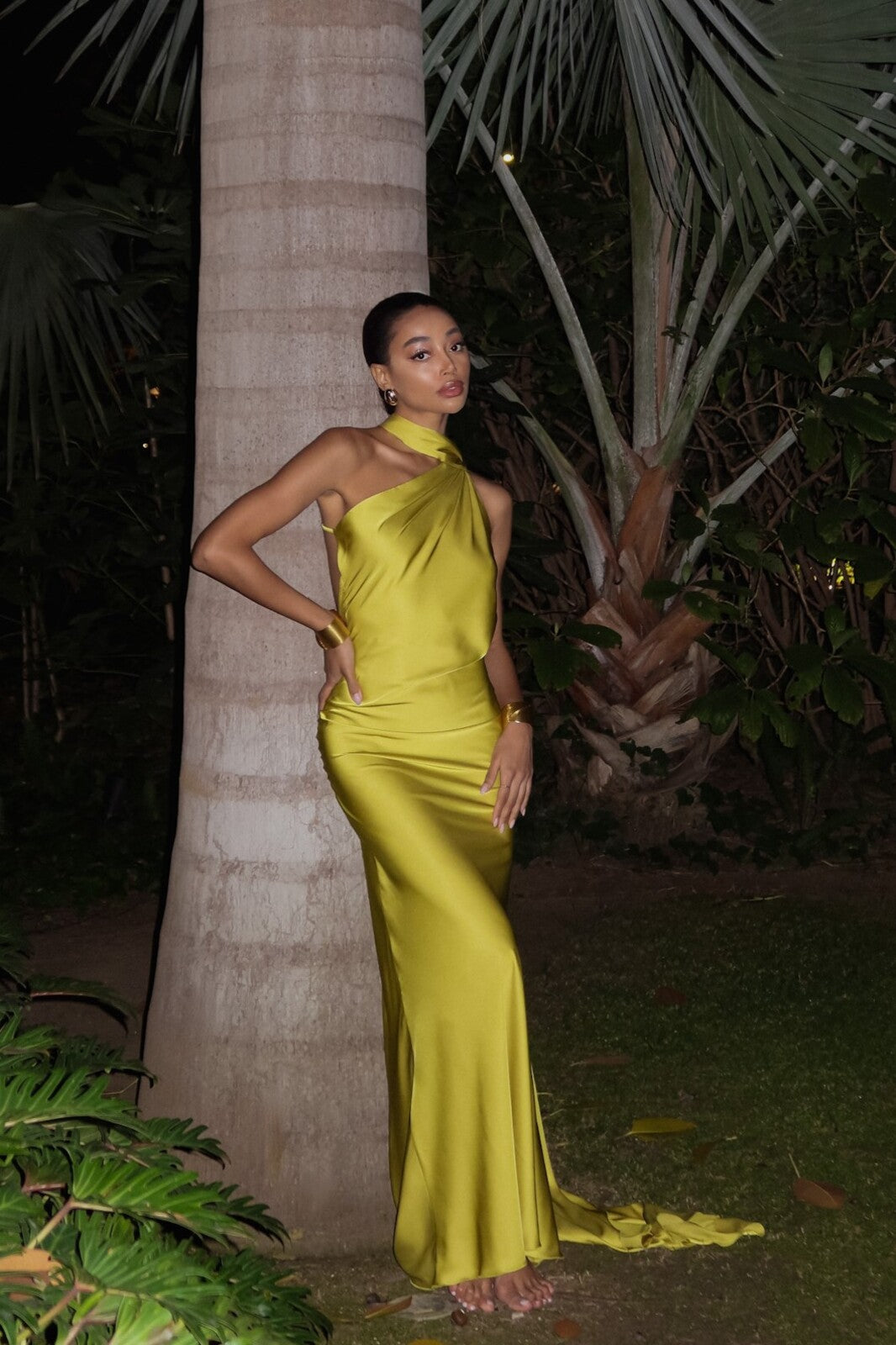 yellow dress silk Long Lime Yellow Dress with Cape