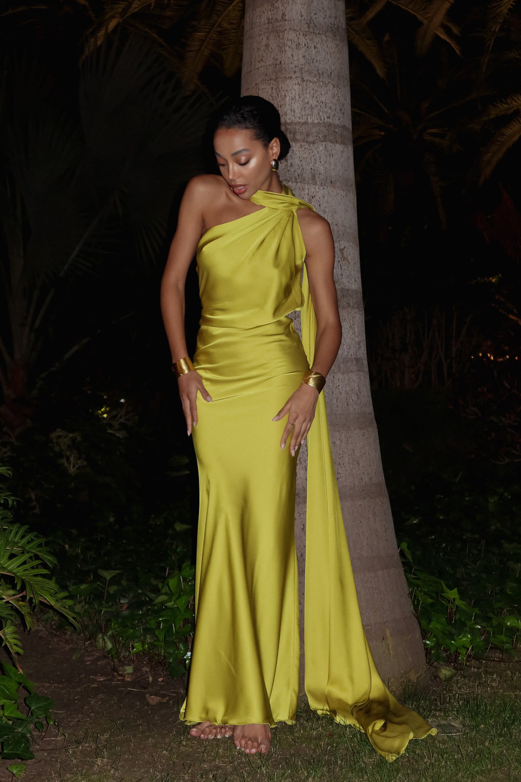 LONG LIME YELLOW DRESS WITH CAPE