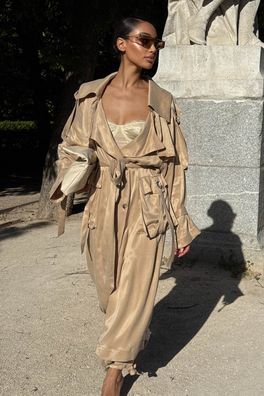 BEIGE TRENCH COAT WITH SILVER APPLIQUÉS