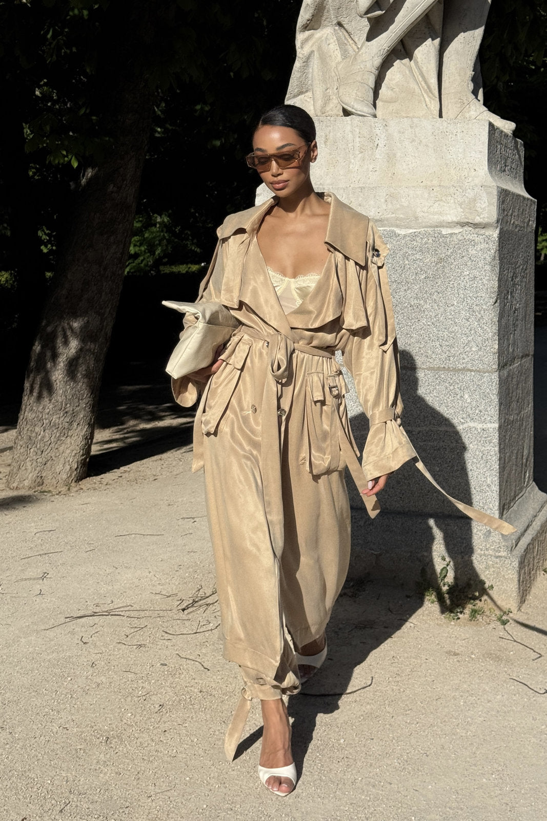 BEIGE TRENCH COAT WITH SILVER APPLIQUÉS