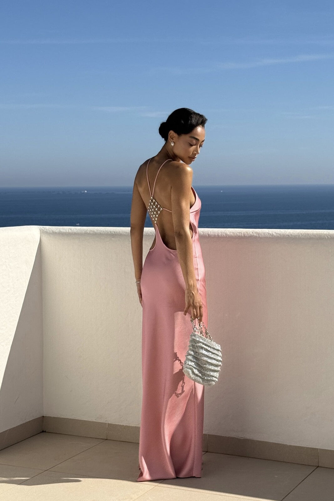 LONG PINK DRESS WITH BACK EMBELLISHMENT