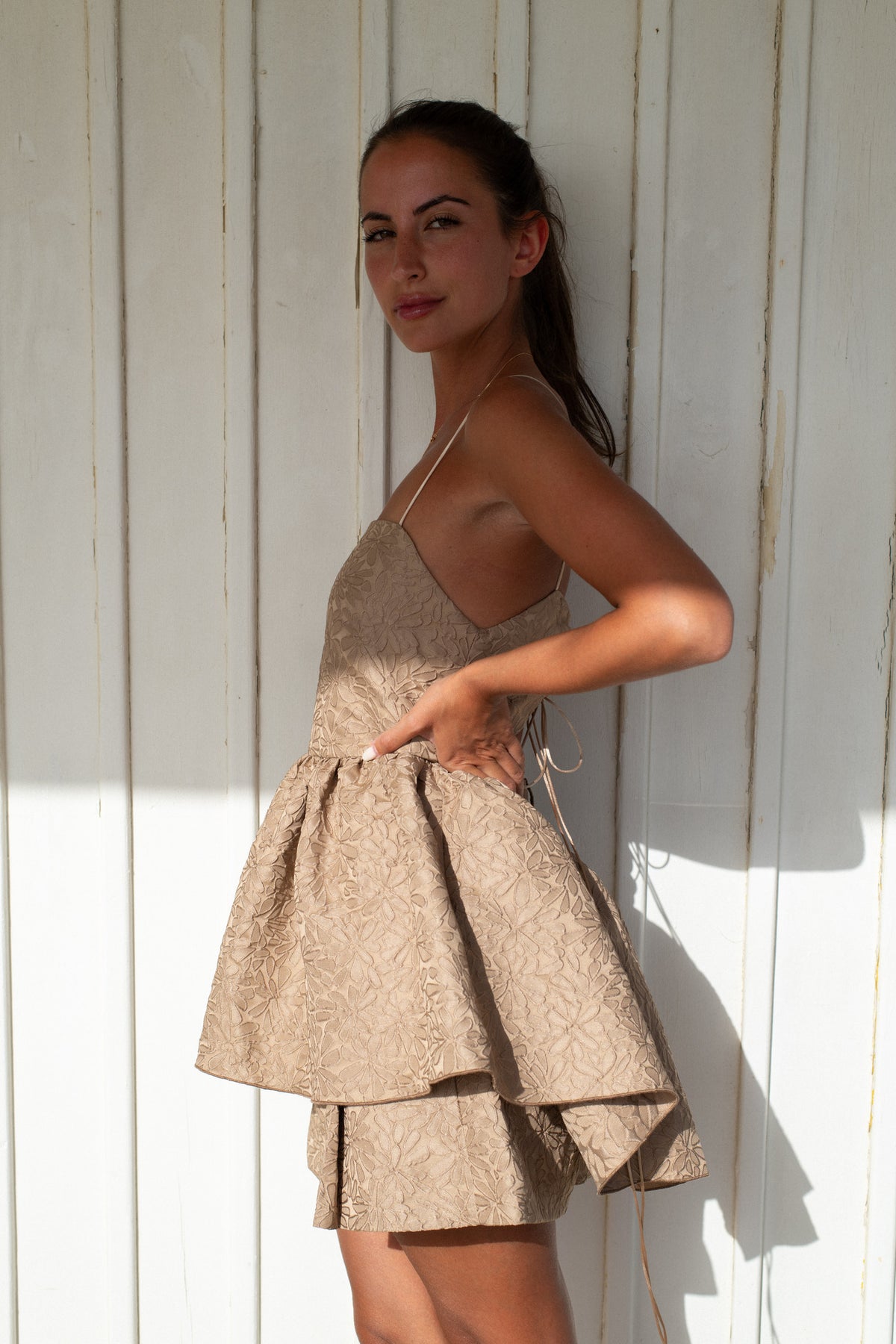 CAMEL JACQUARD TOP WITH FLARED SKIRT