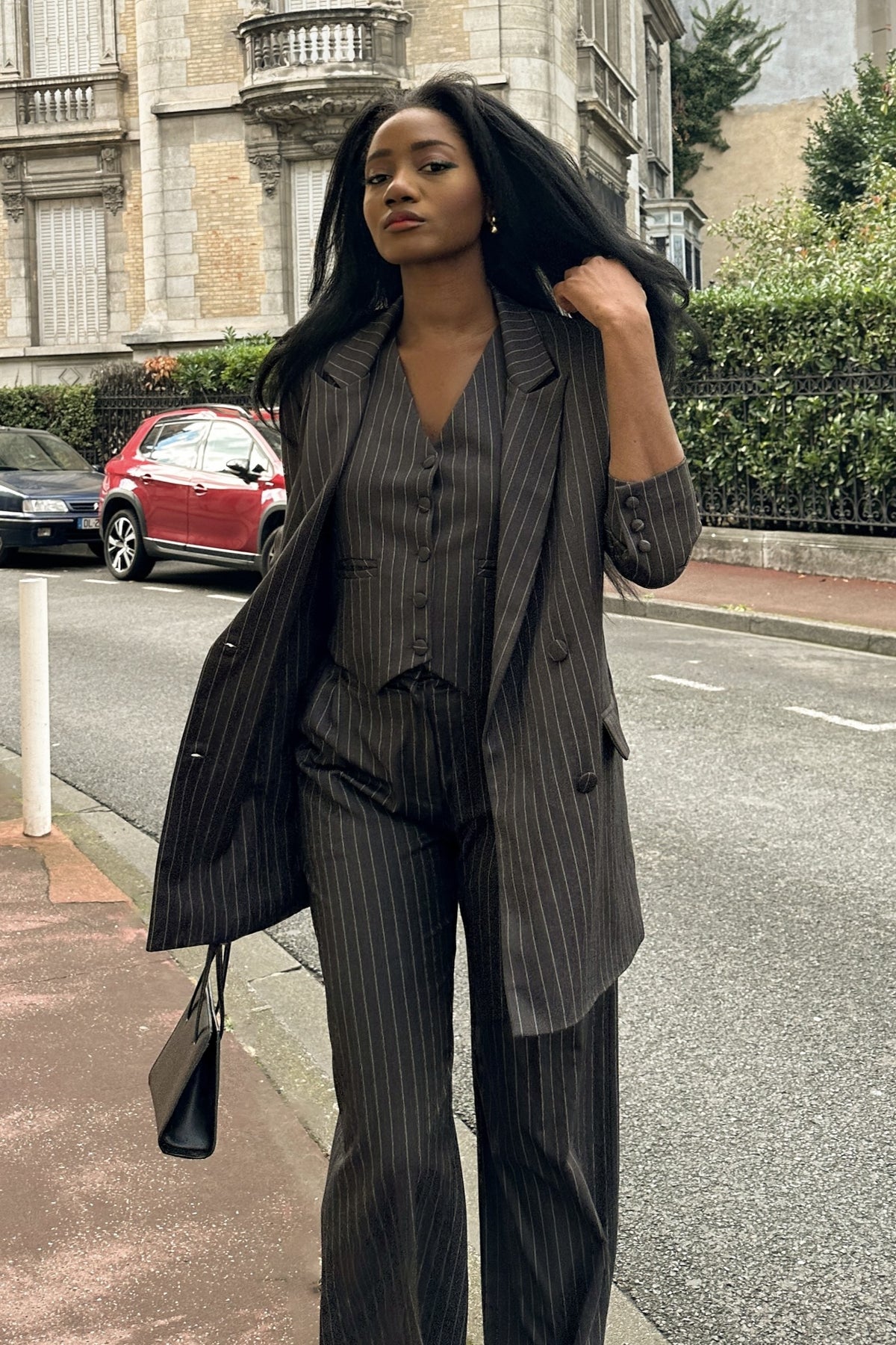 GRAY PANTS WITH WHITE STRIPES