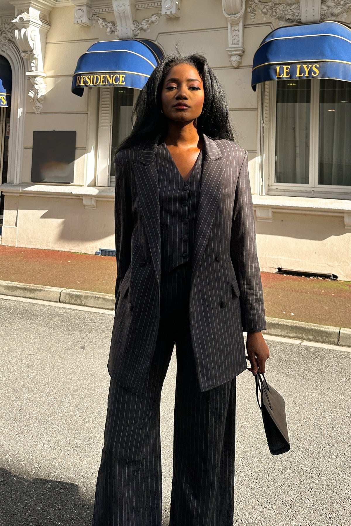 GRAY PANTS WITH WHITE STRIPES