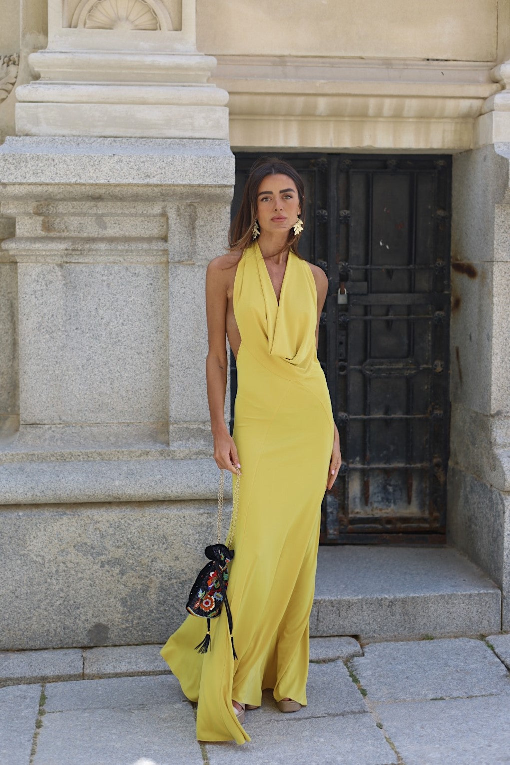LONG YELLOW KNITTED DRESS WITH PLUNGING NECKLINE - KAO LONG YELLOW KNITTED DRESS WITH PLUNGING NECKLINE - KAO
