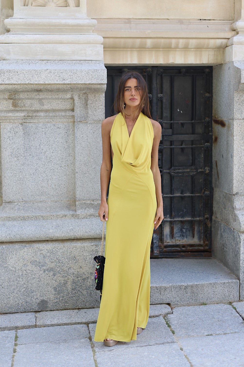 LONG YELLOW KNITTED DRESS WITH PLUNGING NECKLINE - KAO LONG YELLOW KNITTED DRESS WITH PLUNGING NECKLINE - KAO