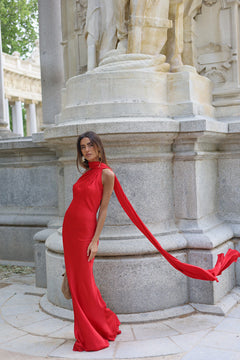 fitted lace wedding dress Luxury Pearl Red Evening Dress with 3D Flowers Cape SS585 – Sharon Said main image 0