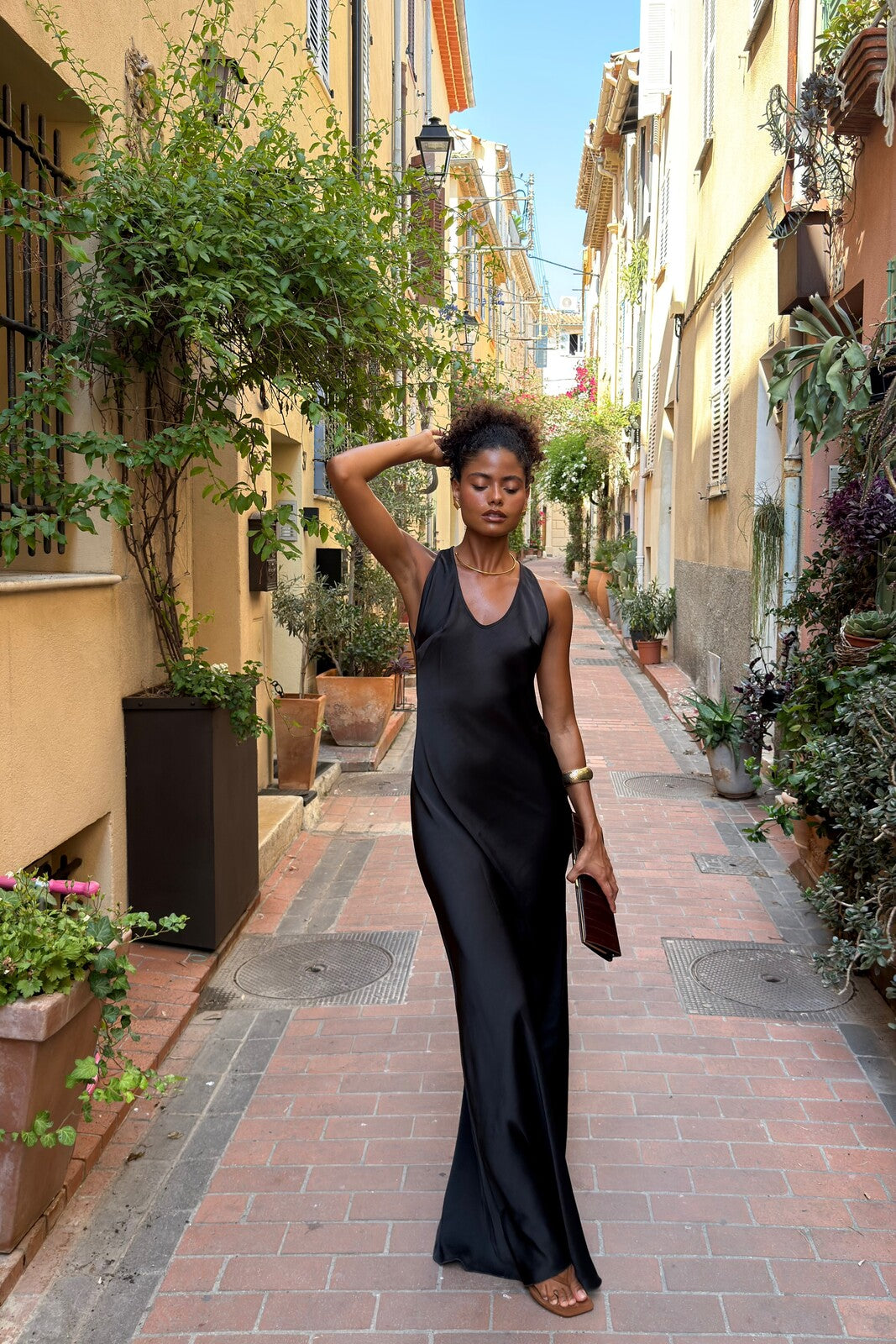 LONG BLACK SATIN OPEN BACK DRESS