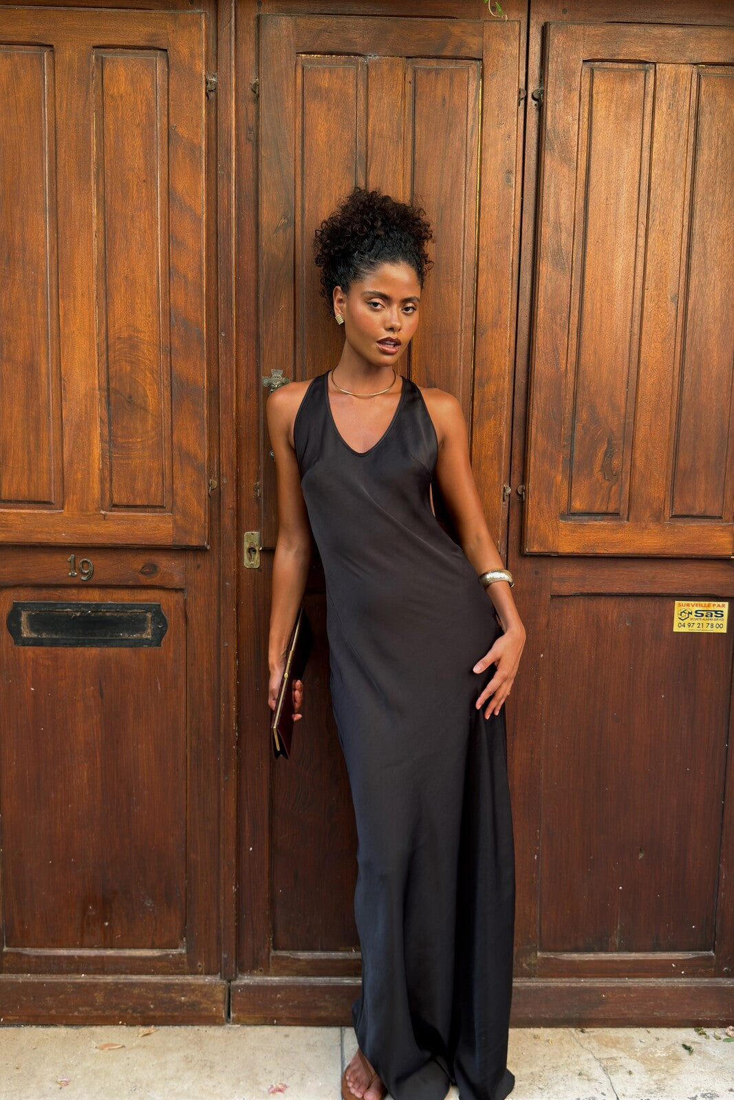 LONG BLACK SATIN OPEN BACK DRESS
