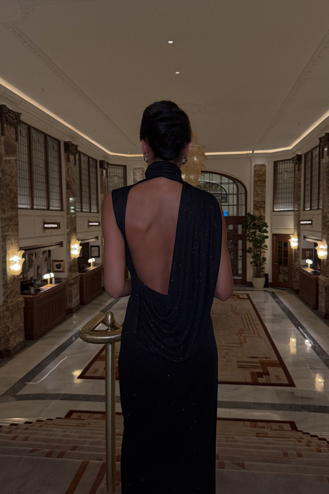 open back drape dress Atria Empire-Waist Long Draped Prom Dress