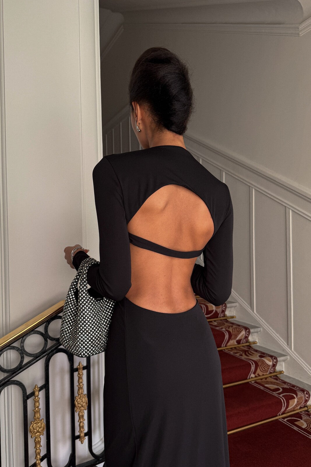 LONG BLACK DRESS WITH CUT-OUTS AND FRONT KNOT